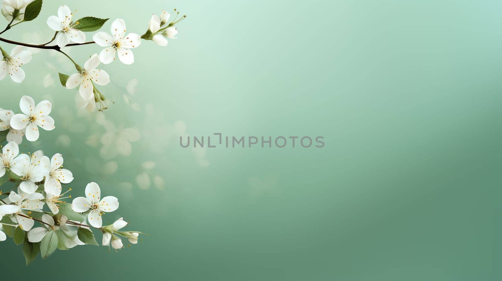 Spring green bokeh background with cherry blossom branch. Spring, summer background. Generated by artificial intelligence by Vovmar