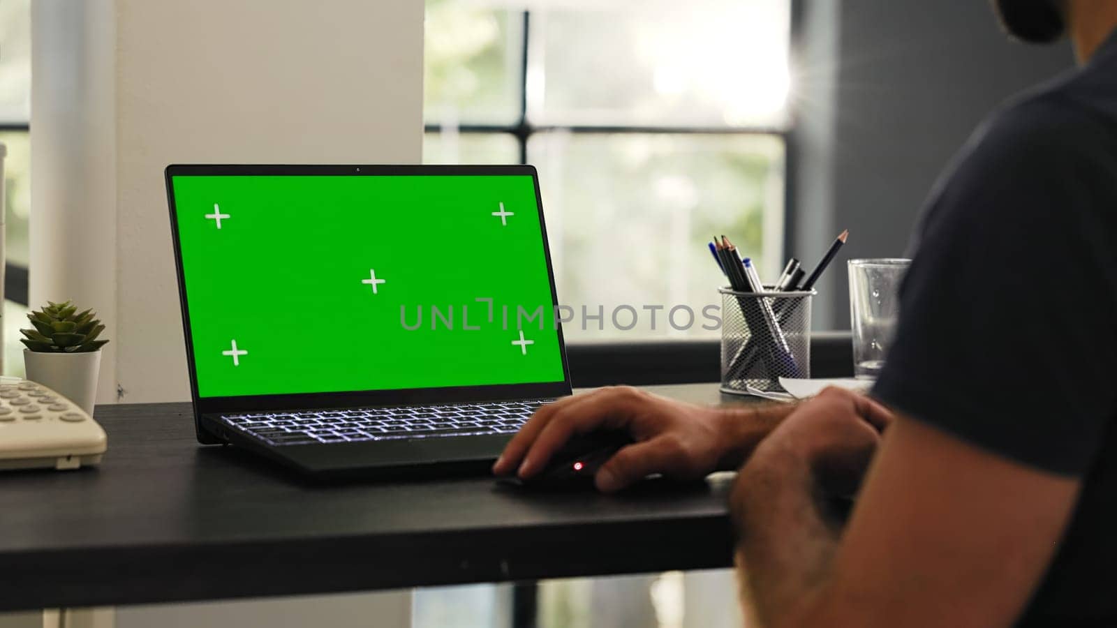Male employee looks at greenscreen on laptop display, checking isolated chromakey layout in office coworking space. Businessman examining blank copyspace template at modern desk.