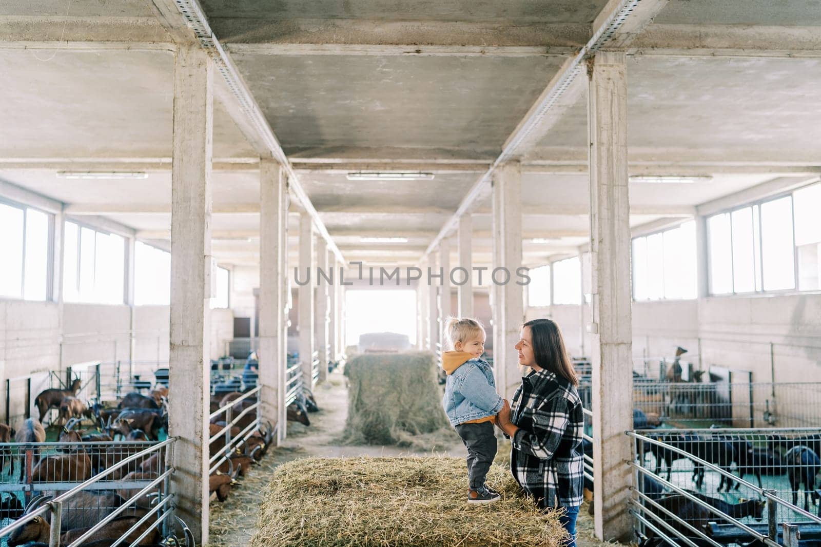 Little girl standing on a bale of hay and holding hands smiling mom at the farm. High quality photo