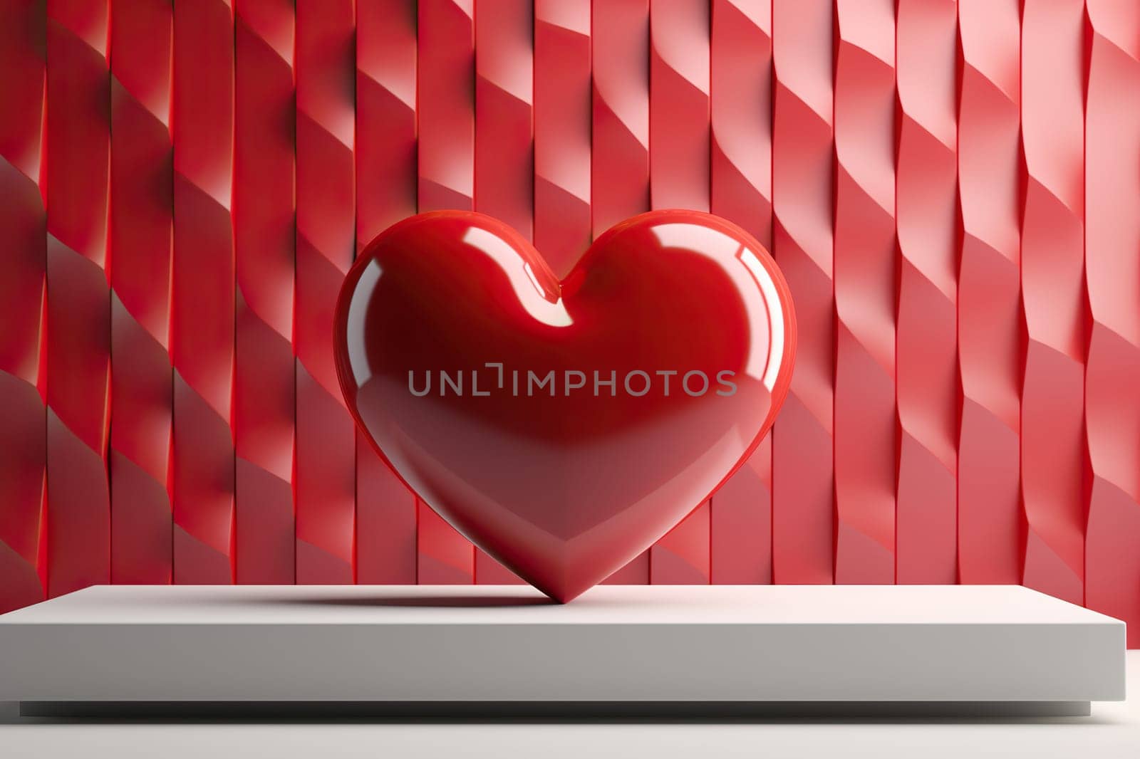 Red 3D heart on a white podium. Generated by artificial intelligence by Vovmar