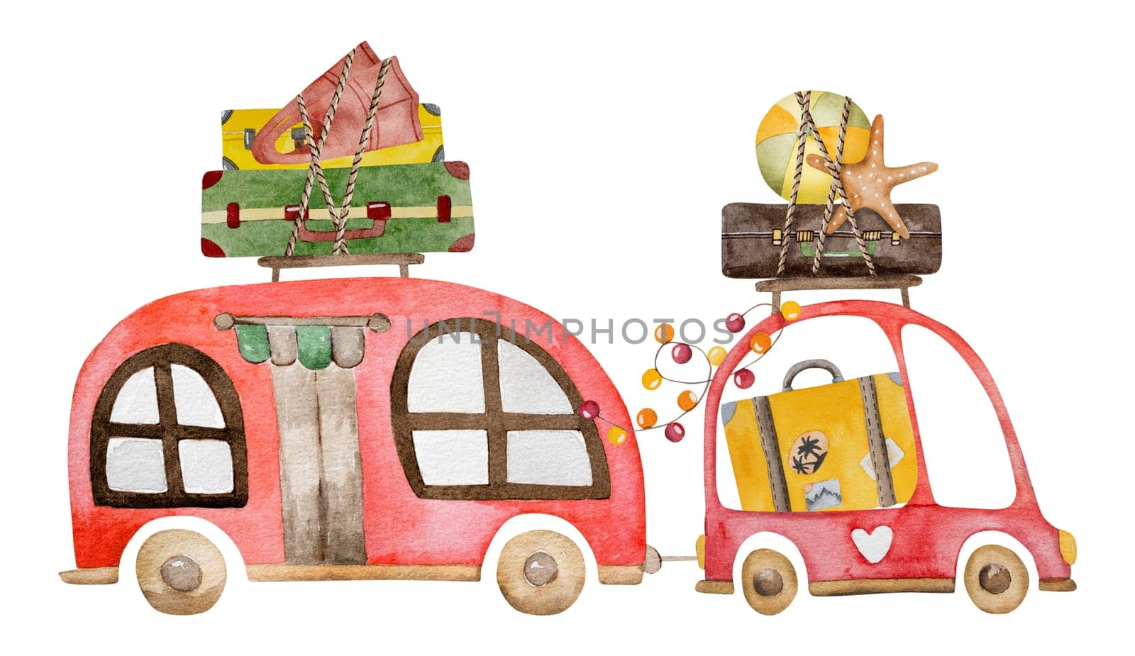 Hand-Painted Watercolor Of Car And Mobile Home Going On Vacation With Suitcases On Roof by tan4ikk1