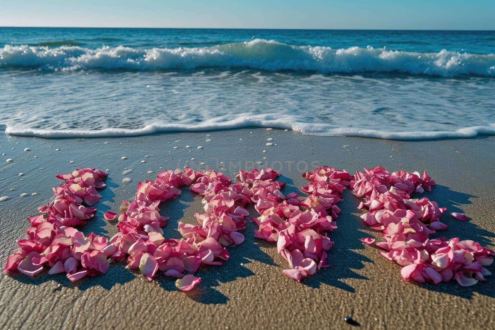 romantic beach of love rose petals on the coastline wide view pragma