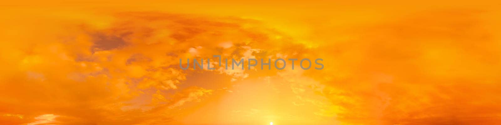 Bright sunset sky panorama with Cirrus clouds. Seamless hdr spherical equirectangular 360 panorama. Sky dome or zenith for 3D visualization, game and sky replacement for aerial drone 360 panoramas.