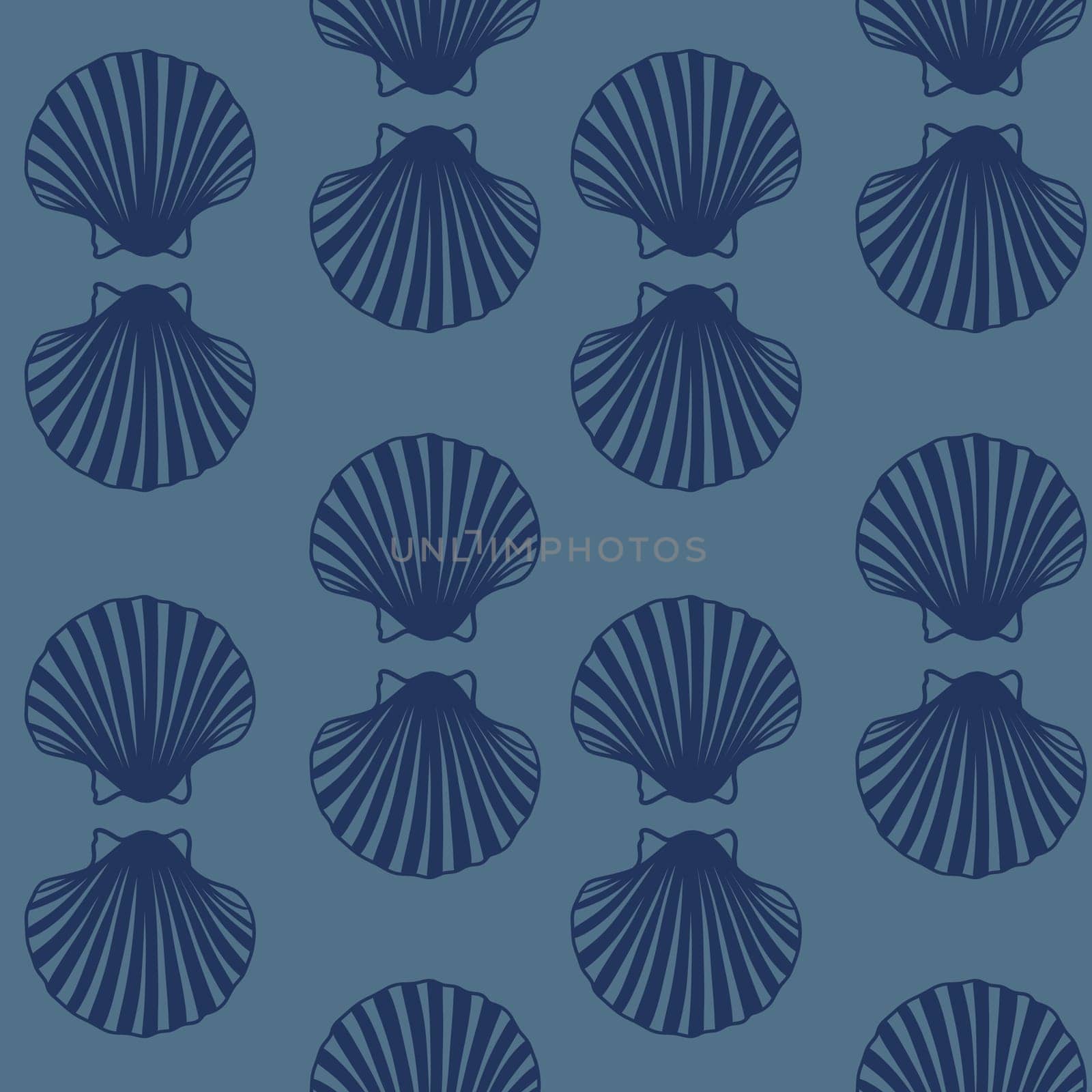 Hand drawn seamless pattern with blue sea ocean shells on navy background. Nautical marine coastal marine pastel element background, under the sea elegant calm neutral print, seashell texture. by Lagmar