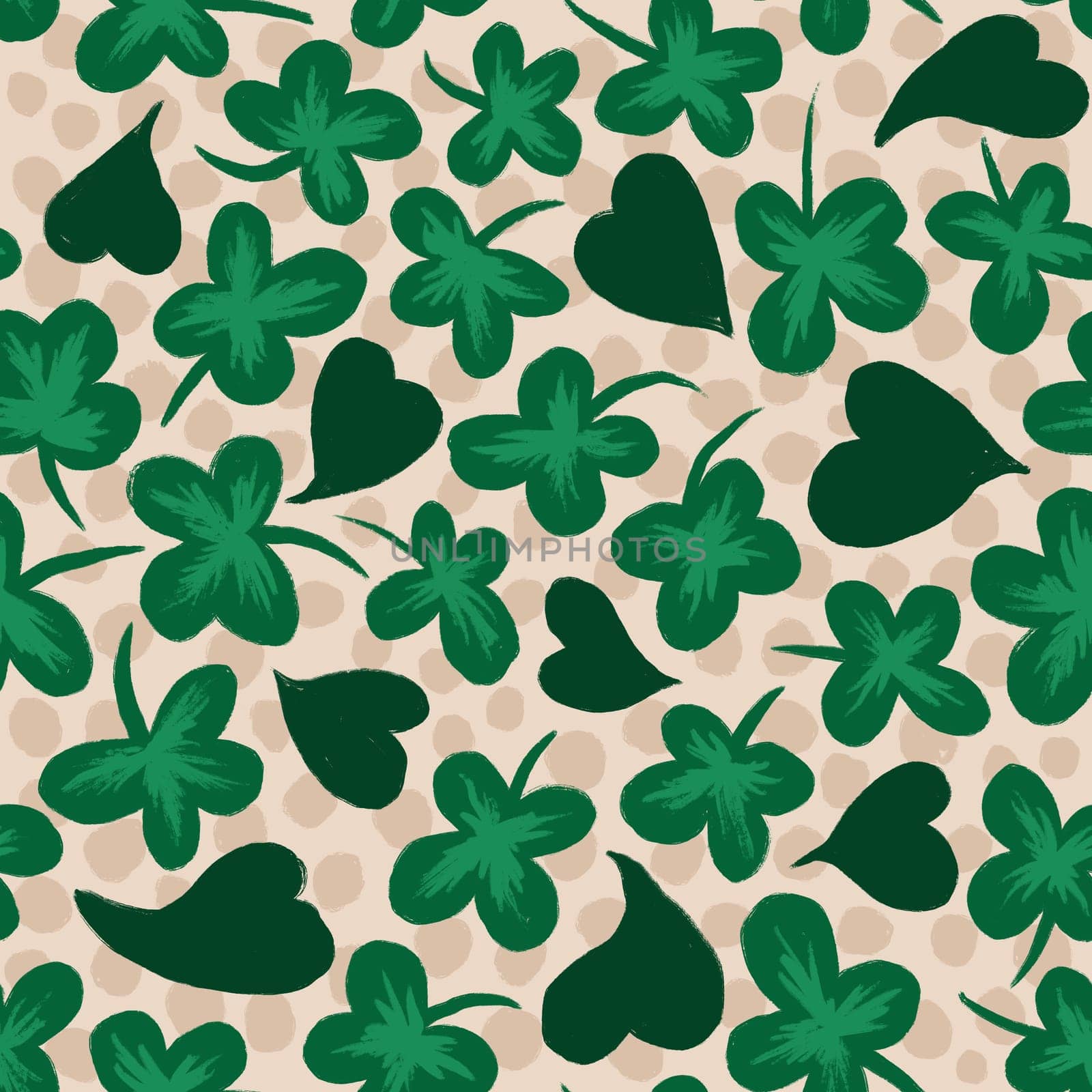 Watercolor seamless hand drawn pattern St Patrick's Day background, green irish shamrock, emerald ireland hearts on beige background. Luck lucky design for textile party decoration, rainbow print.. by Lagmar