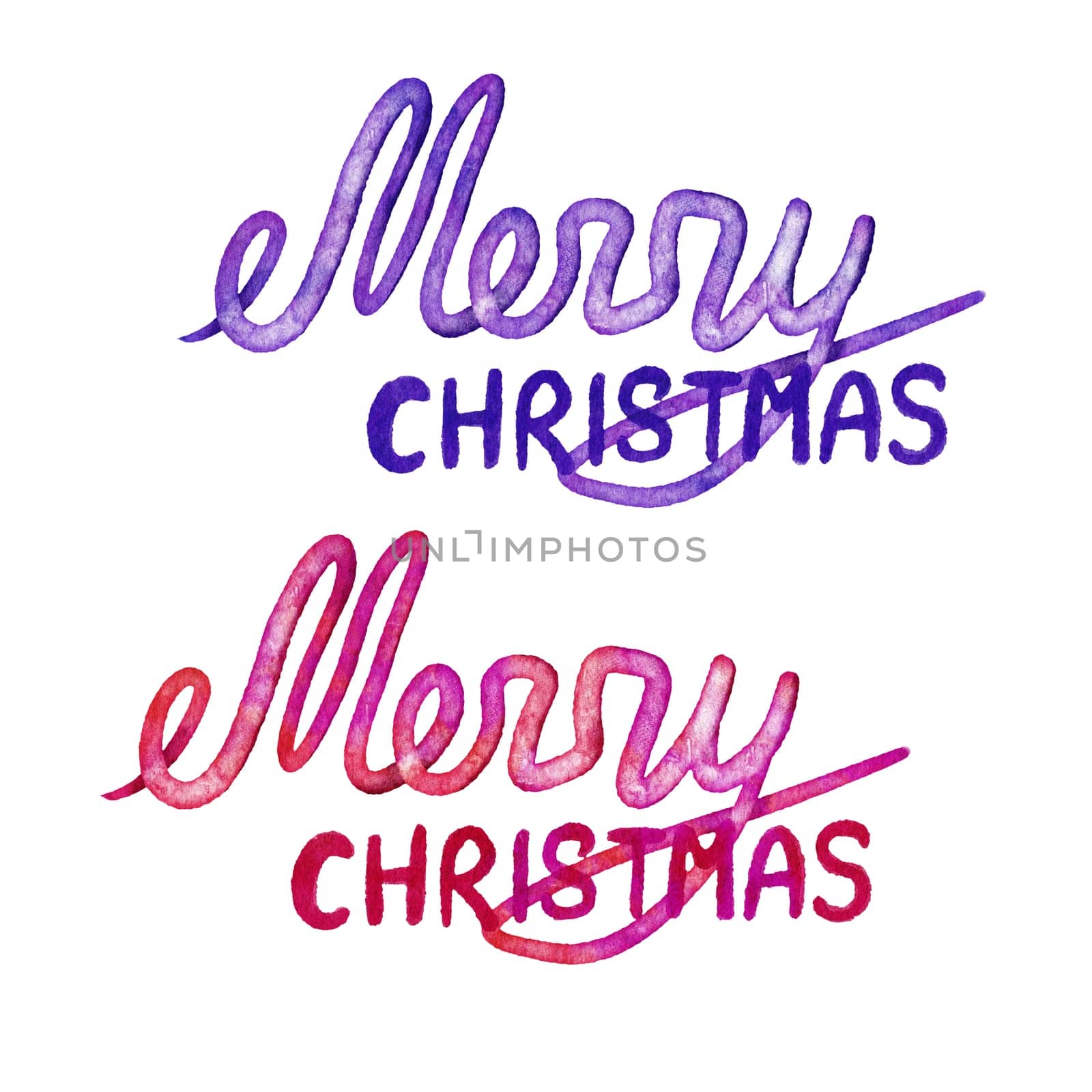 Hand drawn illustration Merry Christmas in pink purple words greeting slogan. Text type calligraphy winter holiday typography season banner, watercolor lettering festive invitation celebration. by Lagmar