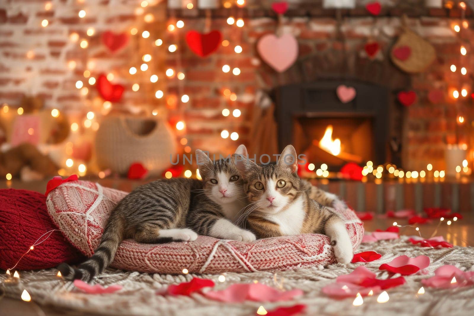 A couple of happy kittens cats together in a cozy room. Kittens loving each other. Adorable cat hugs for Valentine's Day. pragma