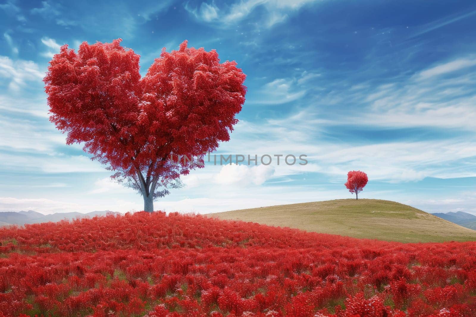 red tree of love in red flower field pragma