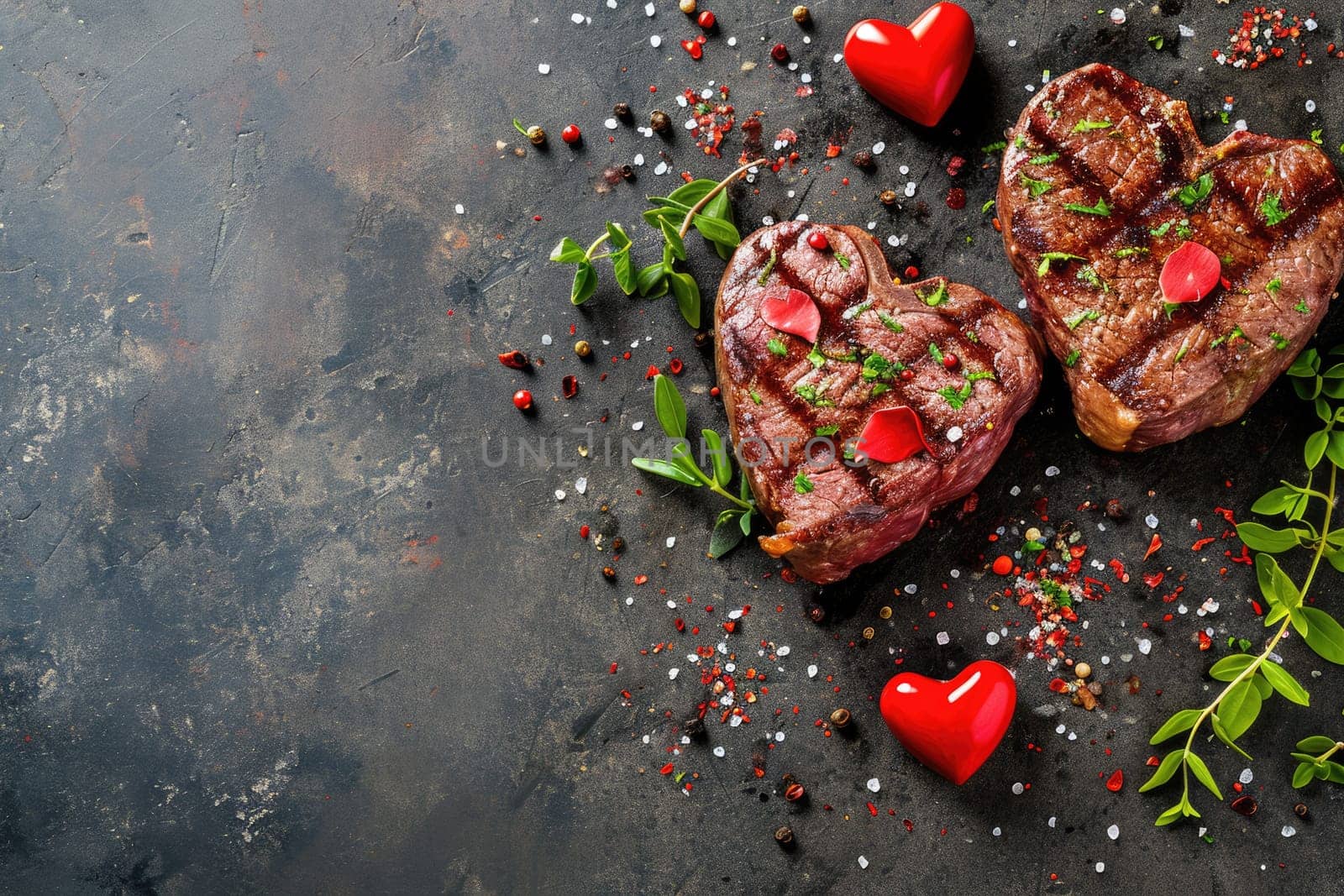 grilled beef steak for valentines day pragma in black background