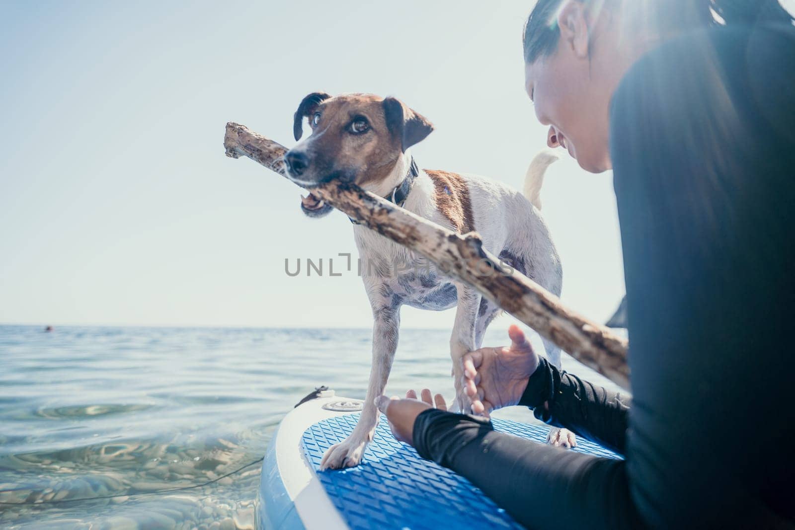 Sea woman sup. A happy positive woman in hat with family relaxing in sea, aerial back view of family on SUP board floating on calm water. Active lifestyle at sea. Summer vacation. Slow motion