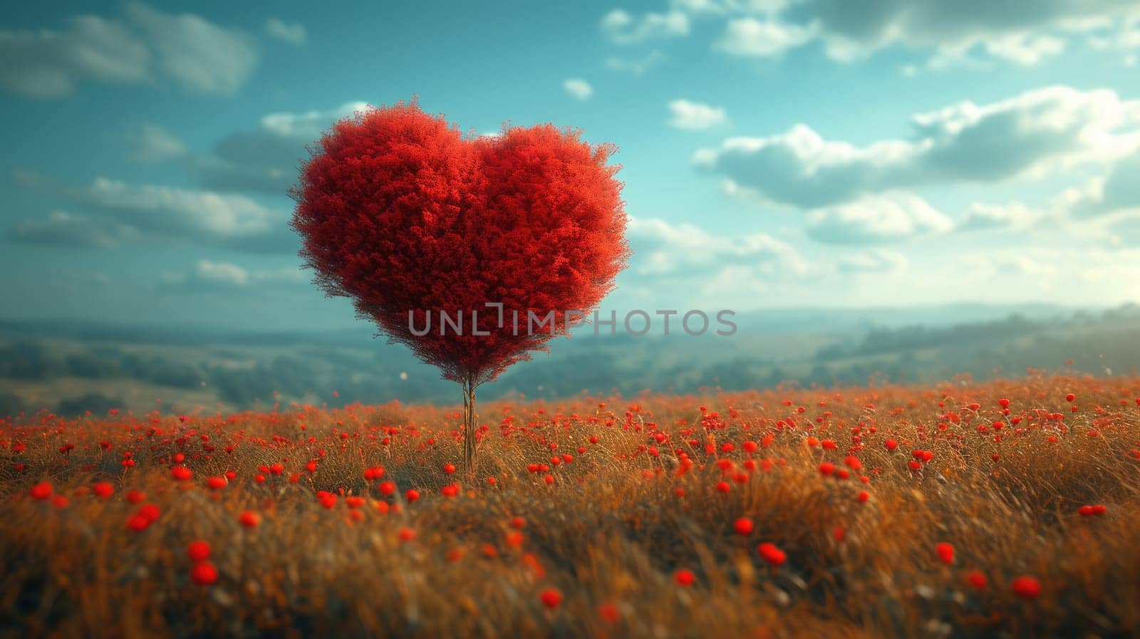red tree of love in red flower field pragma