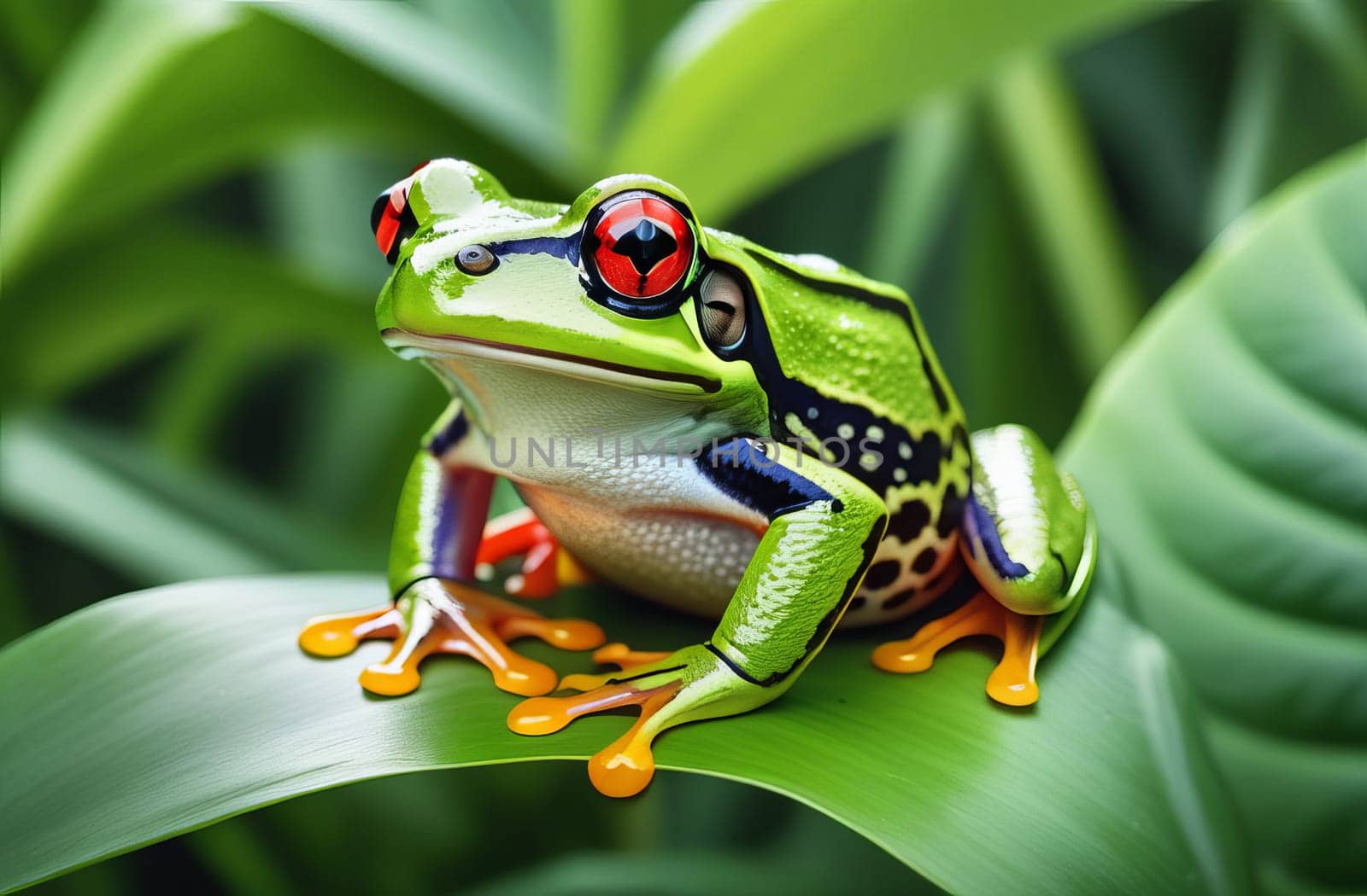 A tropical little green frog with red eyes sits on a branch of a tropical plant with its natural habitat.