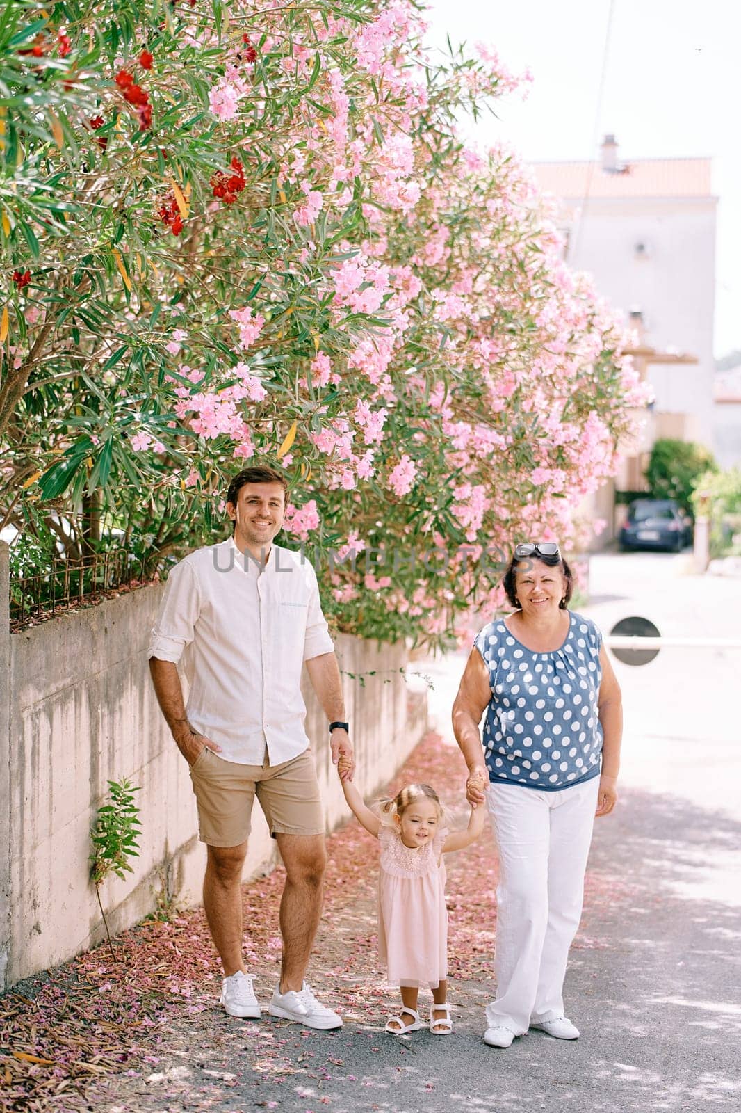 Smiling dad and grandma stand holding hands little girl near pink blooming oleander on the road by Nadtochiy