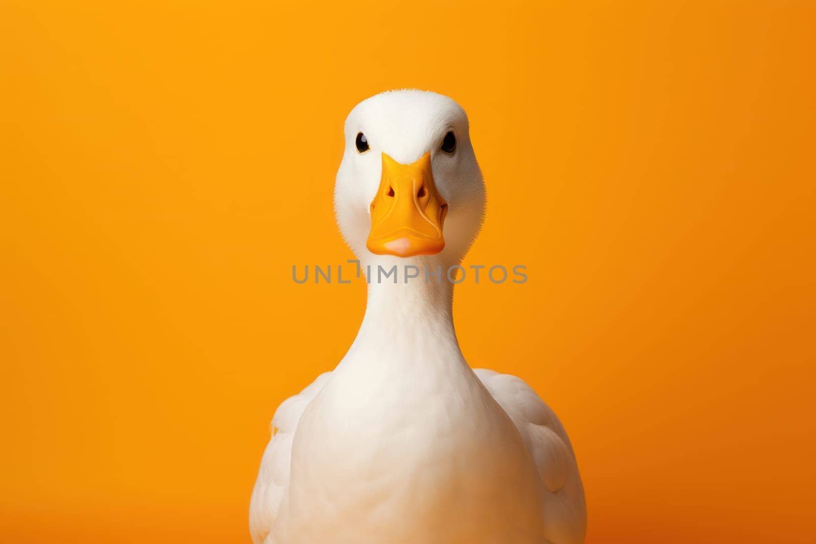 Cute White Duck with Orange Beak and Feathers, Close-up Portrait of a Beautiful Bird on a Water Background by Vichizh
