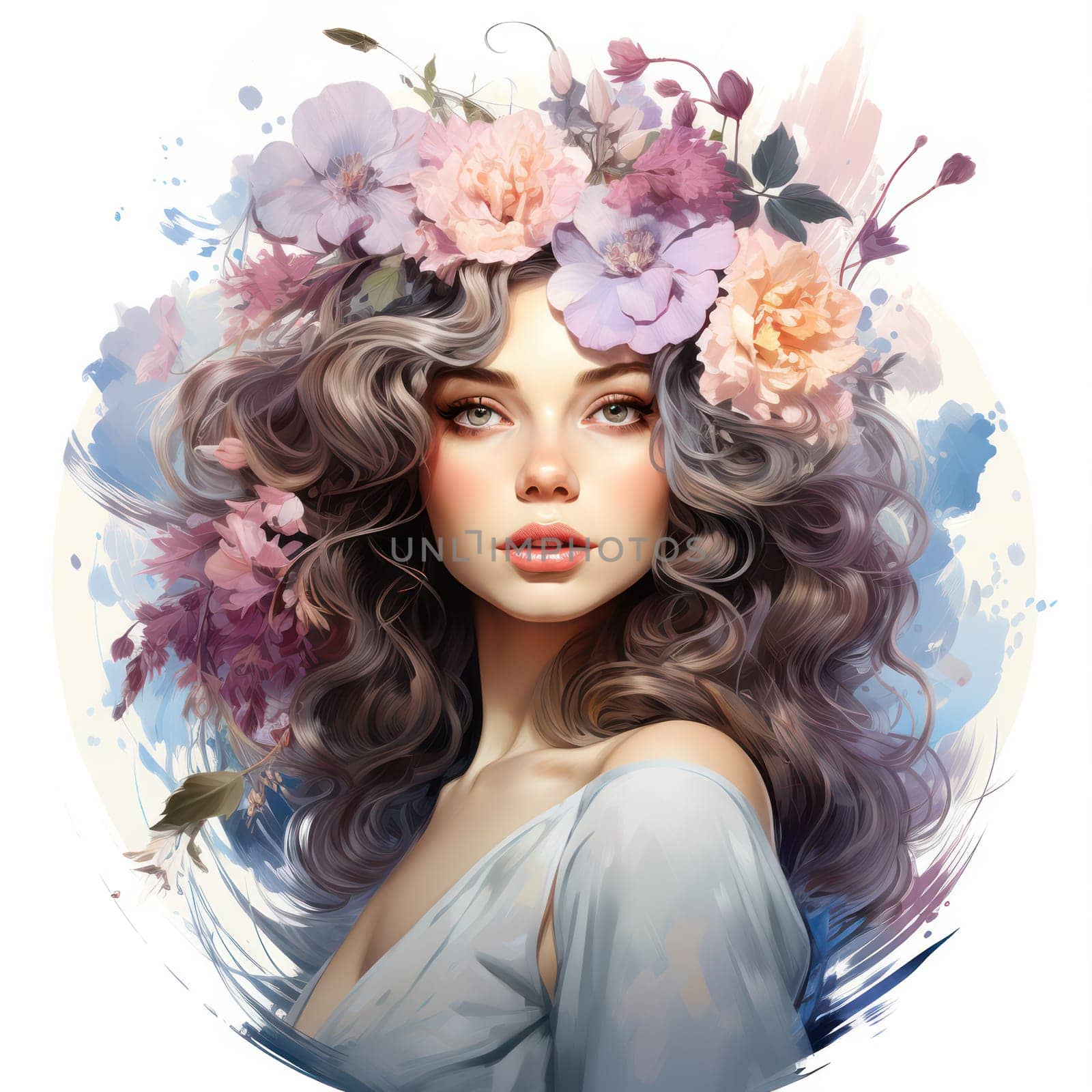 Floral Elegance: A Pretty Young Lady with a White Rose Wreath, Radiating Beauty and Glamour in a Spring Fantasy Portrait.