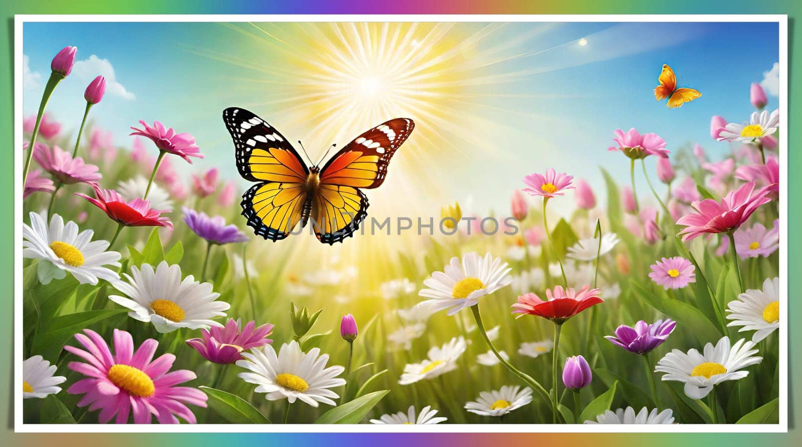 Colorful butterfly on daisy flowers with green grass and blue sky.Colorful daisies and butterfly on the background of the summer landscape.Spring meadow with daisies and butterfly. Vector illustration.Nature background.