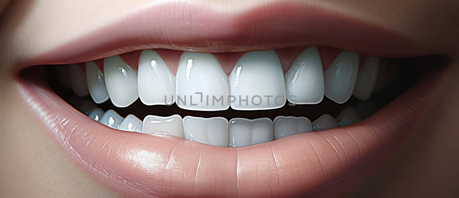 Healthy Dental Care: Close-Up of a Smiling Young Woman with White Teeth and Fresh Lips. by Vichizh