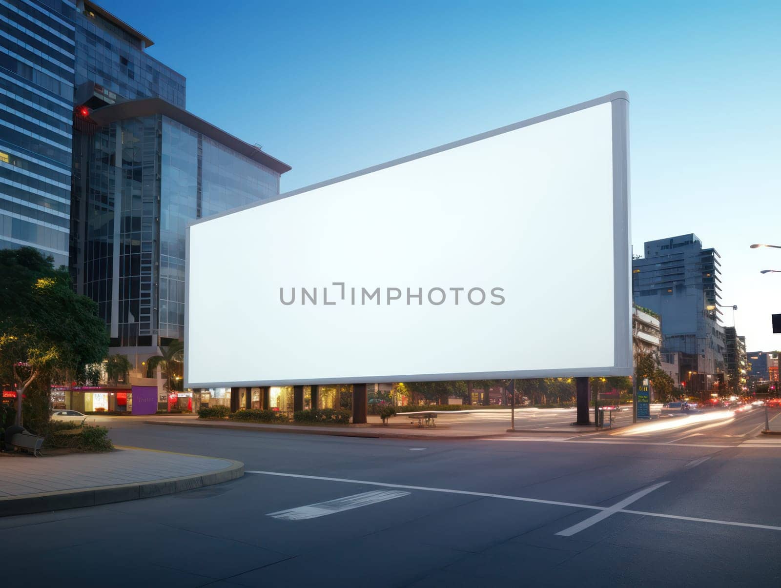Blank Billboard Advertising in City with Skyline Background