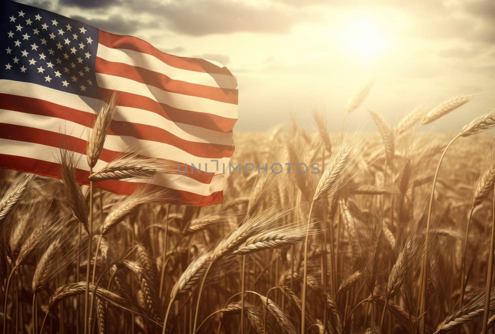 American Field of Patriotism: A Young Woman Holding the US Flag, Surrounded by Golden Wheat and Blue Sky