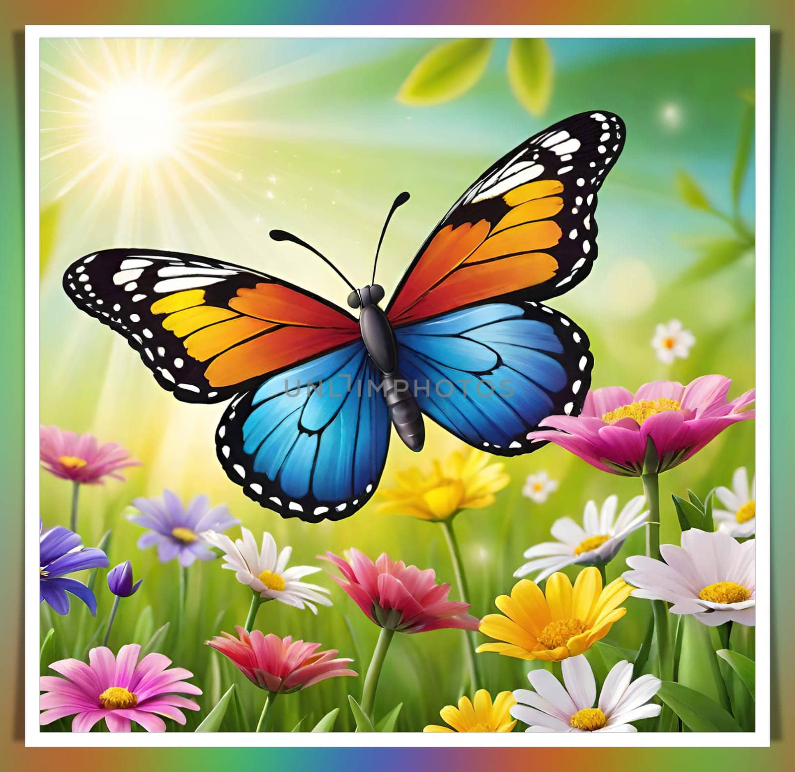 Colorful butterfly on daisy flowers with green grass and blue sky.Colorful daisies and butterfly on the background of the summer landscape.Spring meadow with daisies and butterfly. Vector illustration.Nature background.