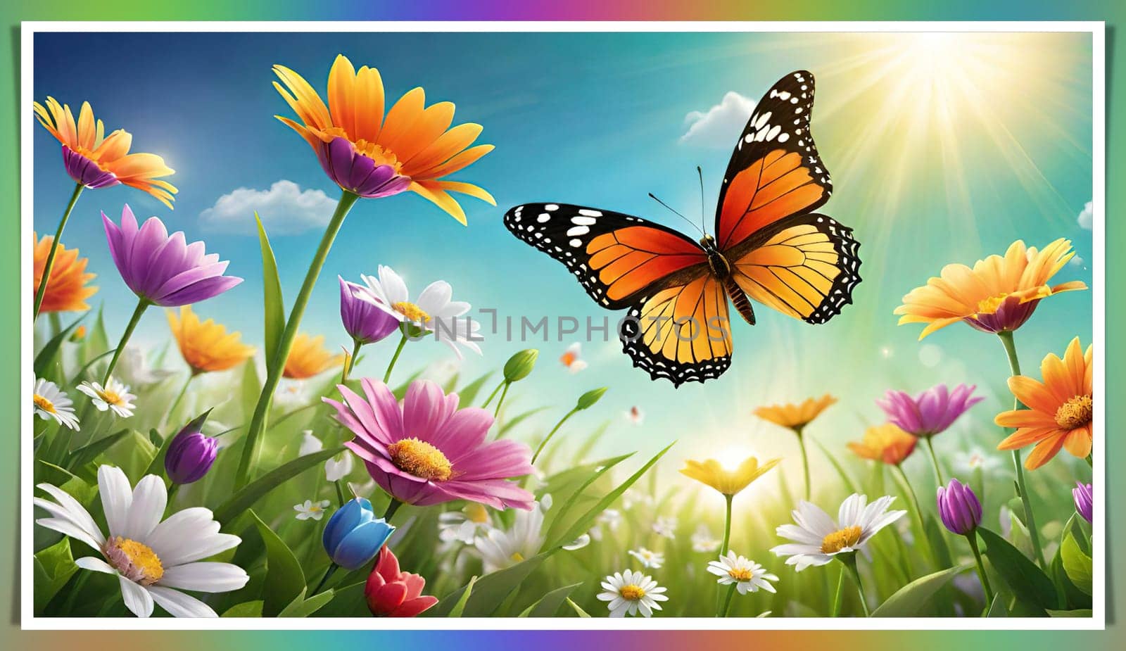 Colorful butterfly on daisy flowers with green grass and blue sky. by yilmazsavaskandag