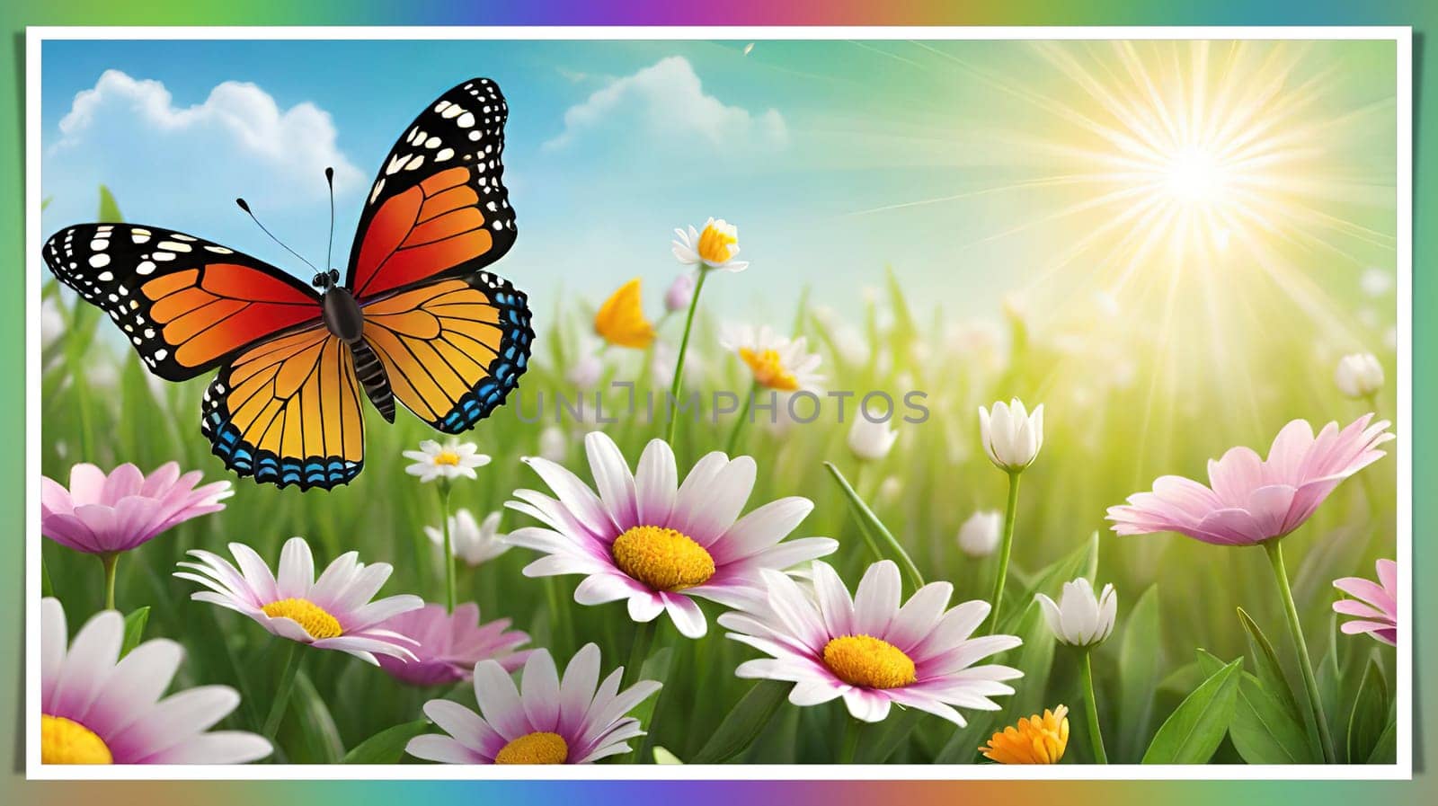 Colorful butterfly on daisy flowers with green grass and blue sky.Colorful daisies and butterfly on the background of the summer landscape.Spring meadow with daisies and butterfly. Vector illustration.Nature background.