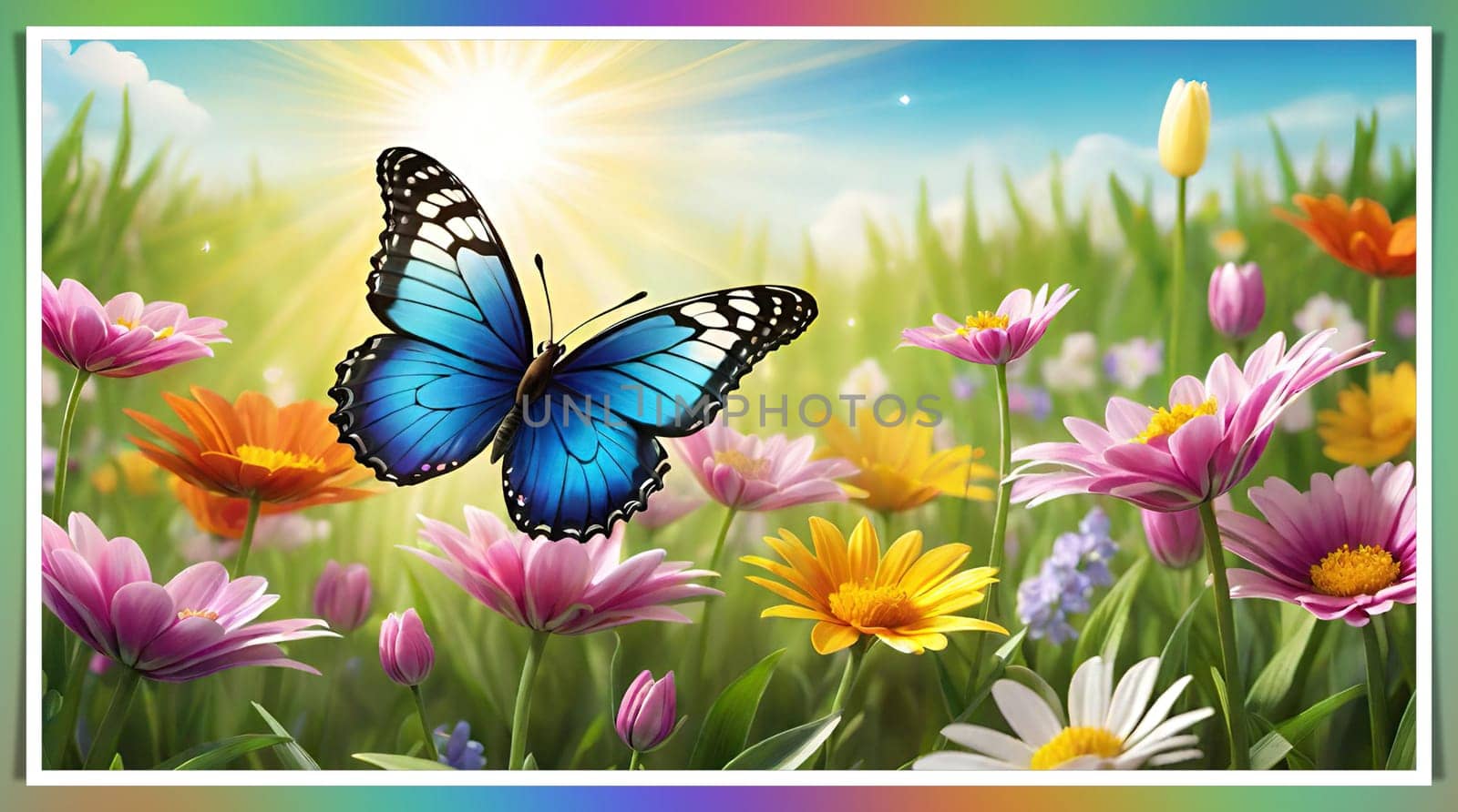 Colorful butterfly on daisy flowers with green grass and blue sky. by yilmazsavaskandag