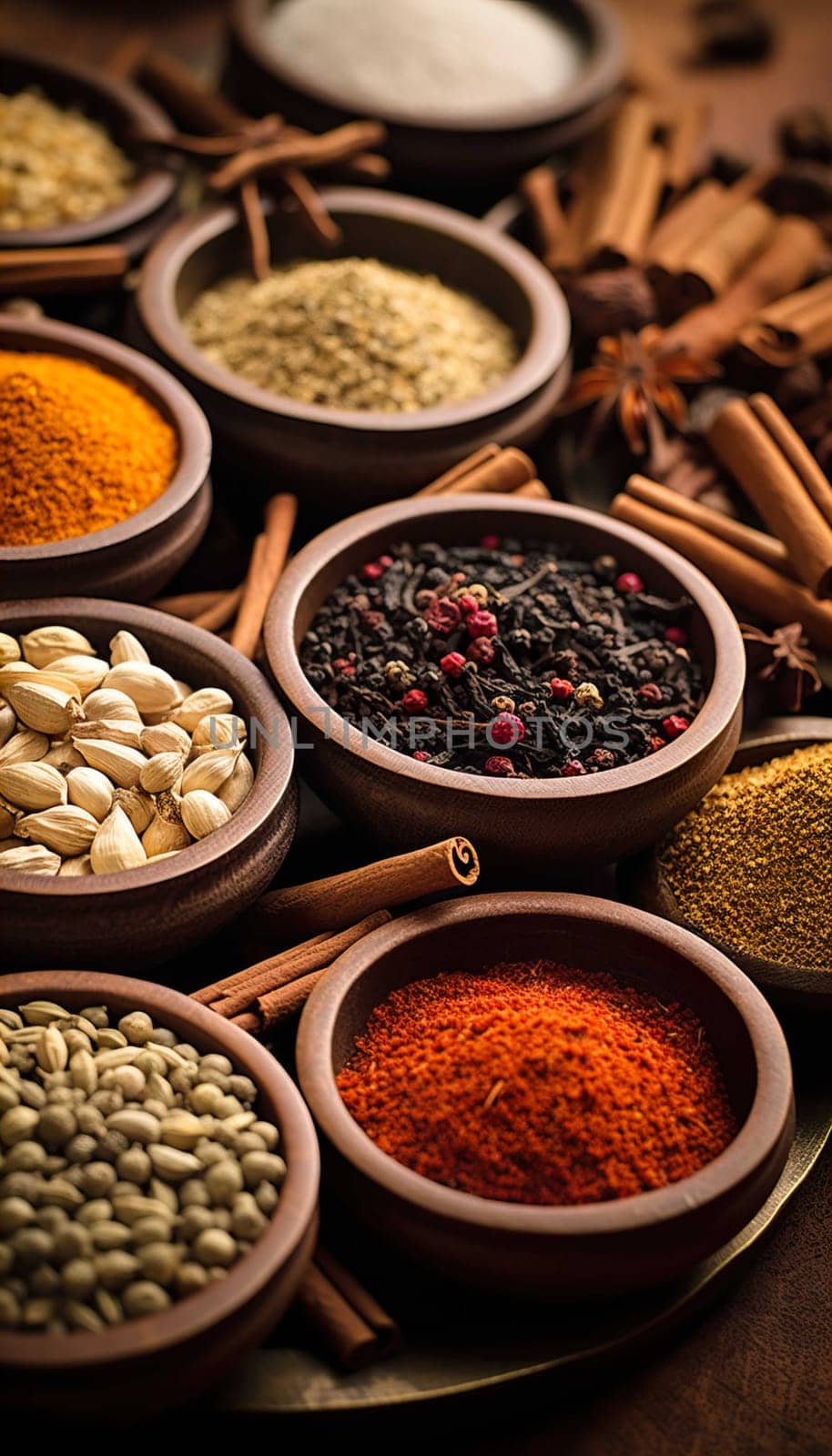   Colorful background of various herbs and spices for cooking in bowls, Spices - Seasonings, Food   India, Indian culture, Raw materials for banner design , Generate AI