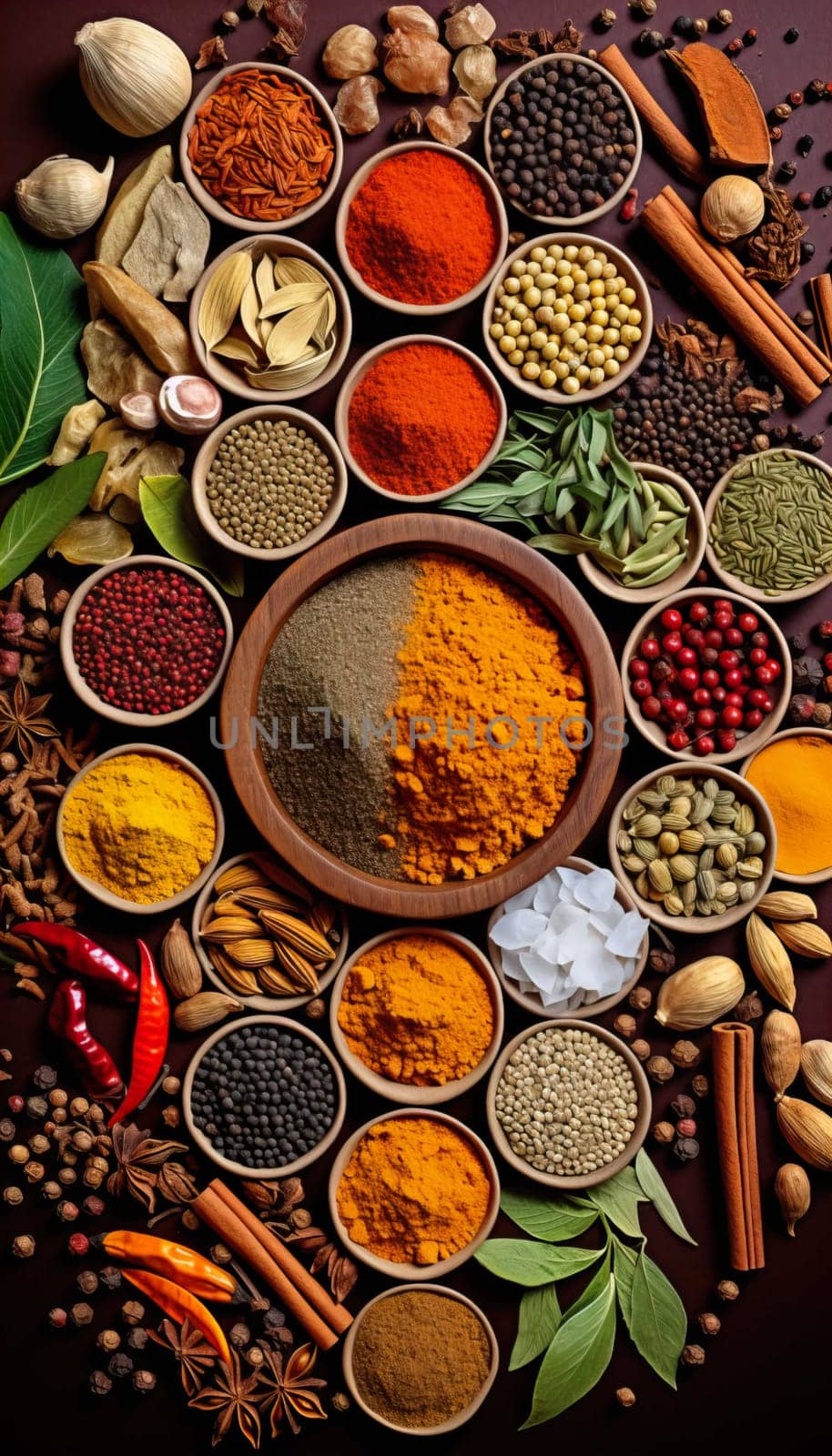   Colorful background of various herbs and spices for cooking in bowls, Spices - Seasonings, Food   India, Indian culture, Raw materials for banner design , Generate AI by Mrsongrphc