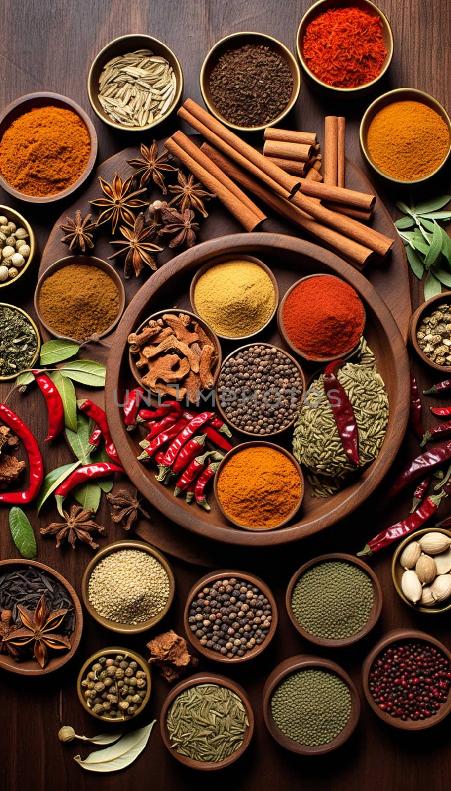   Colorful background of various herbs and spices for cooking in bowls, Spices - Seasonings, Food   India, Indian culture, Raw materials for banner design , Generate AI