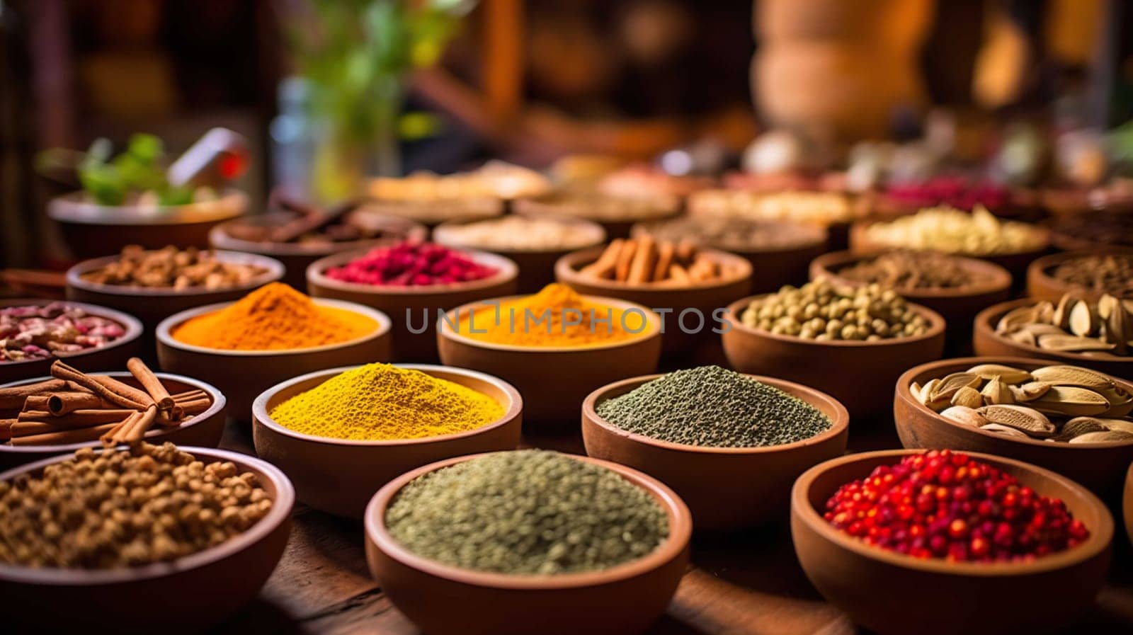   Colorful background of various herbs and spices for cooking in bowls, Spices - Seasonings, Food   India, Indian culture, Raw materials for banner design , Generate AI