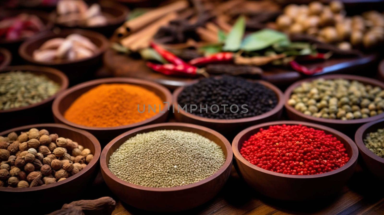   Colorful background of various herbs and spices for cooking in bowls, Spices - Seasonings, Food   India, Indian culture, Raw materials for banner design , Generate AI by Mrsongrphc