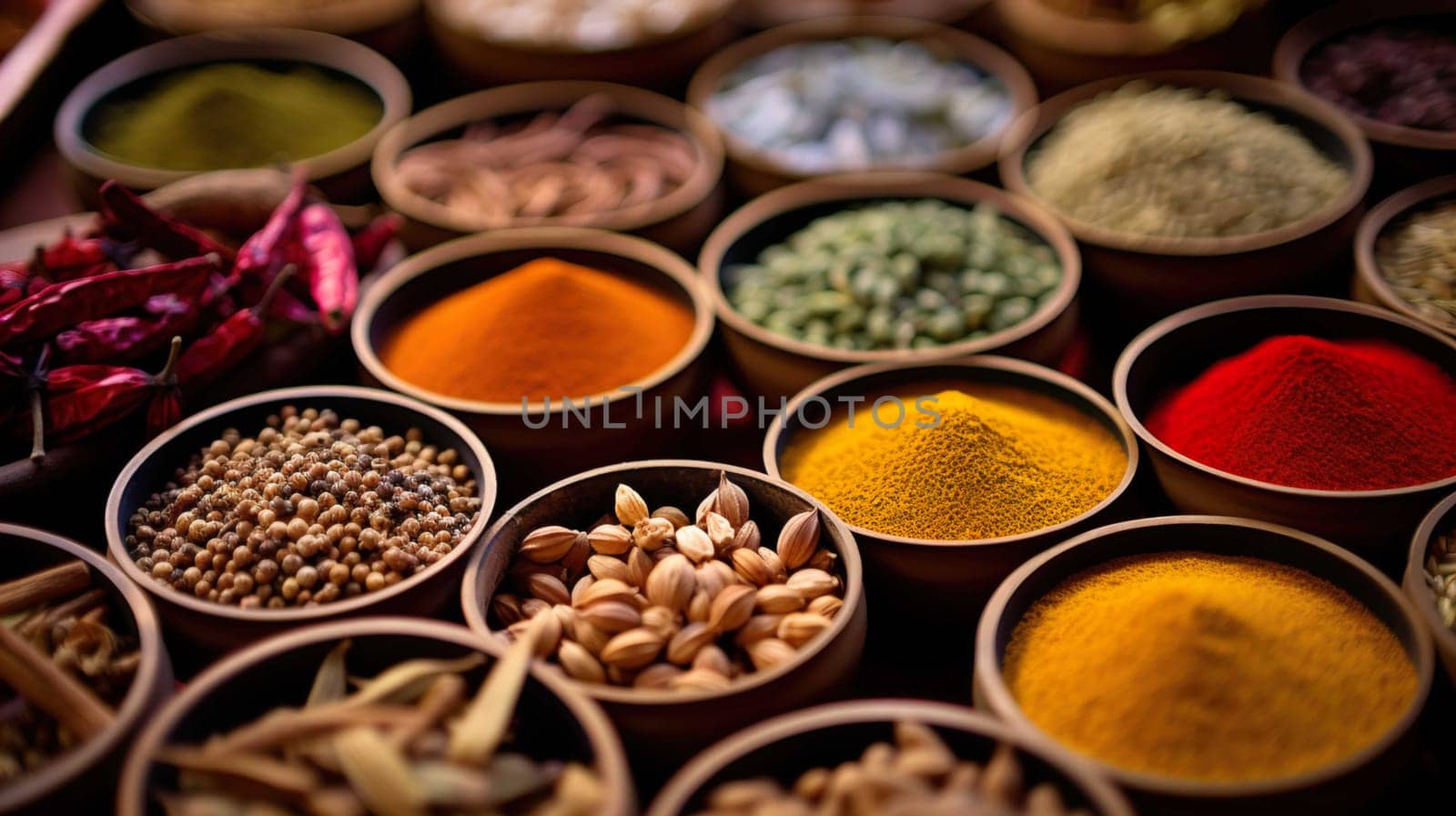   Colorful background of various herbs and spices for cooking in bowls, Spices - Seasonings, Food   India, Indian culture, Raw materials for banner design , Generate AI by Mrsongrphc