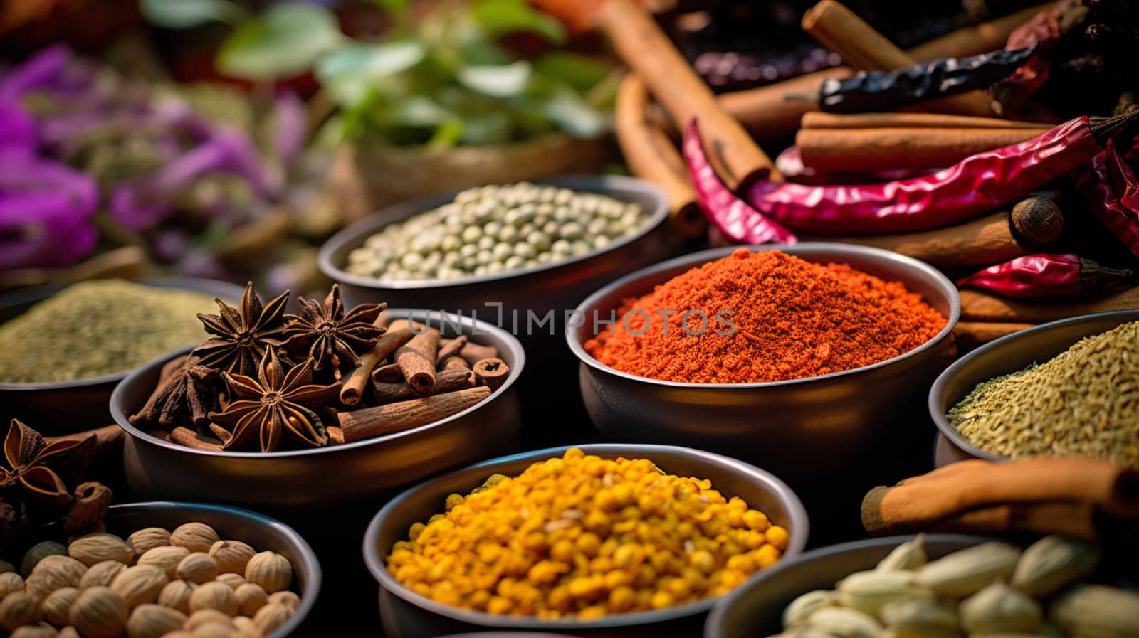   Colorful background of various herbs and spices for cooking in bowls, Spices - Seasonings, Food   India, Indian culture, Raw materials for banner design , Generate AI