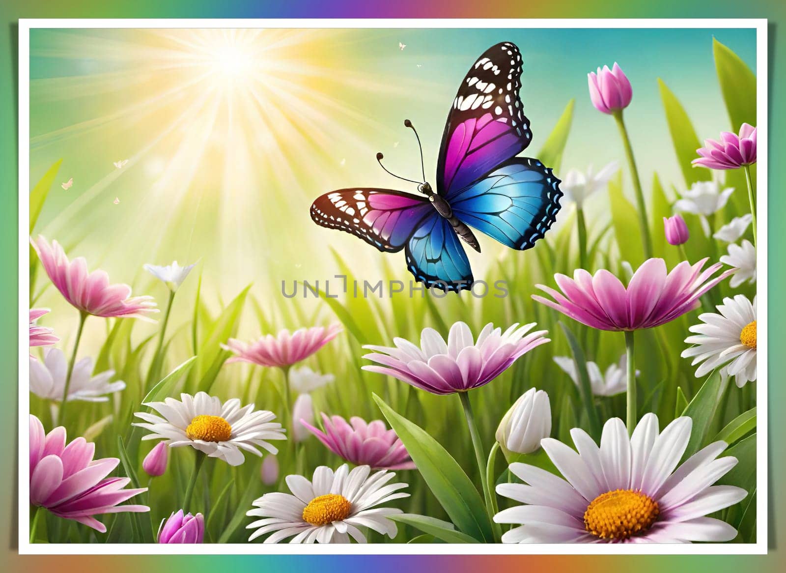 Colorful butterfly on daisy flowers with green grass and blue sky.Colorful daisies and butterfly on the background of the summer landscape.Spring meadow with daisies and butterfly. Vector illustration.Nature background.