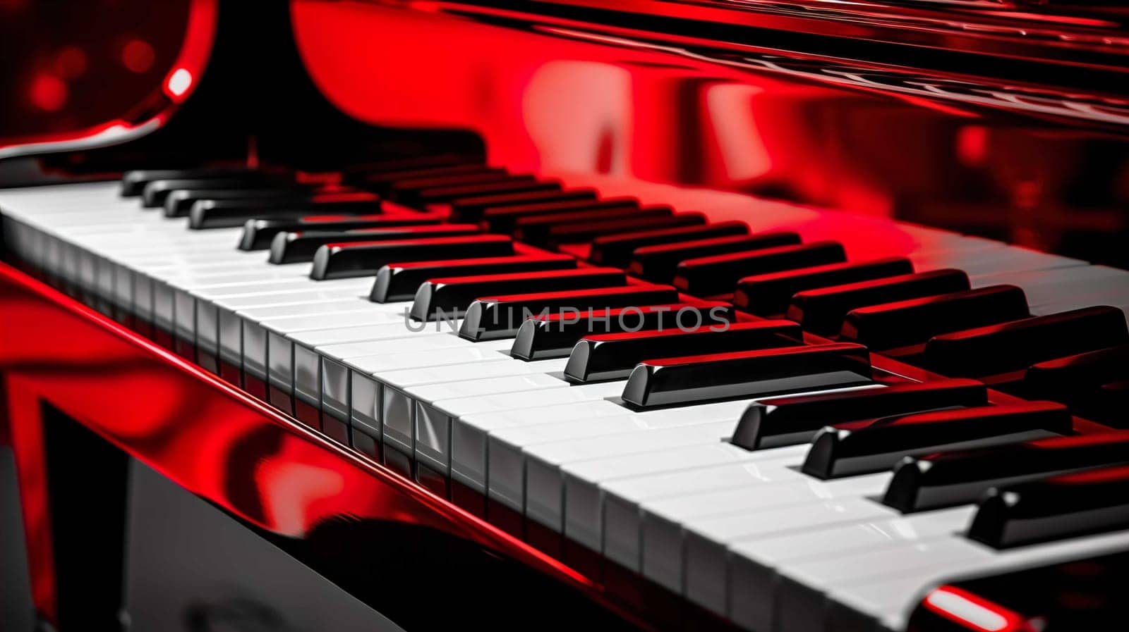  Note piano black and white , glossy color , red background blury , Generate AI