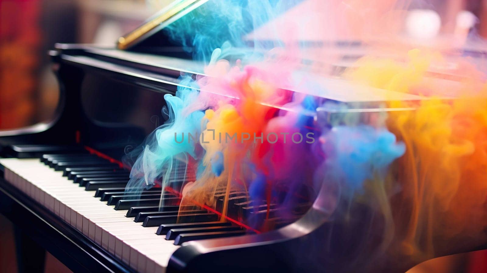 Note piano black and white , glossy color , smoke rainbow background blury , Generate AI by Mrsongrphc