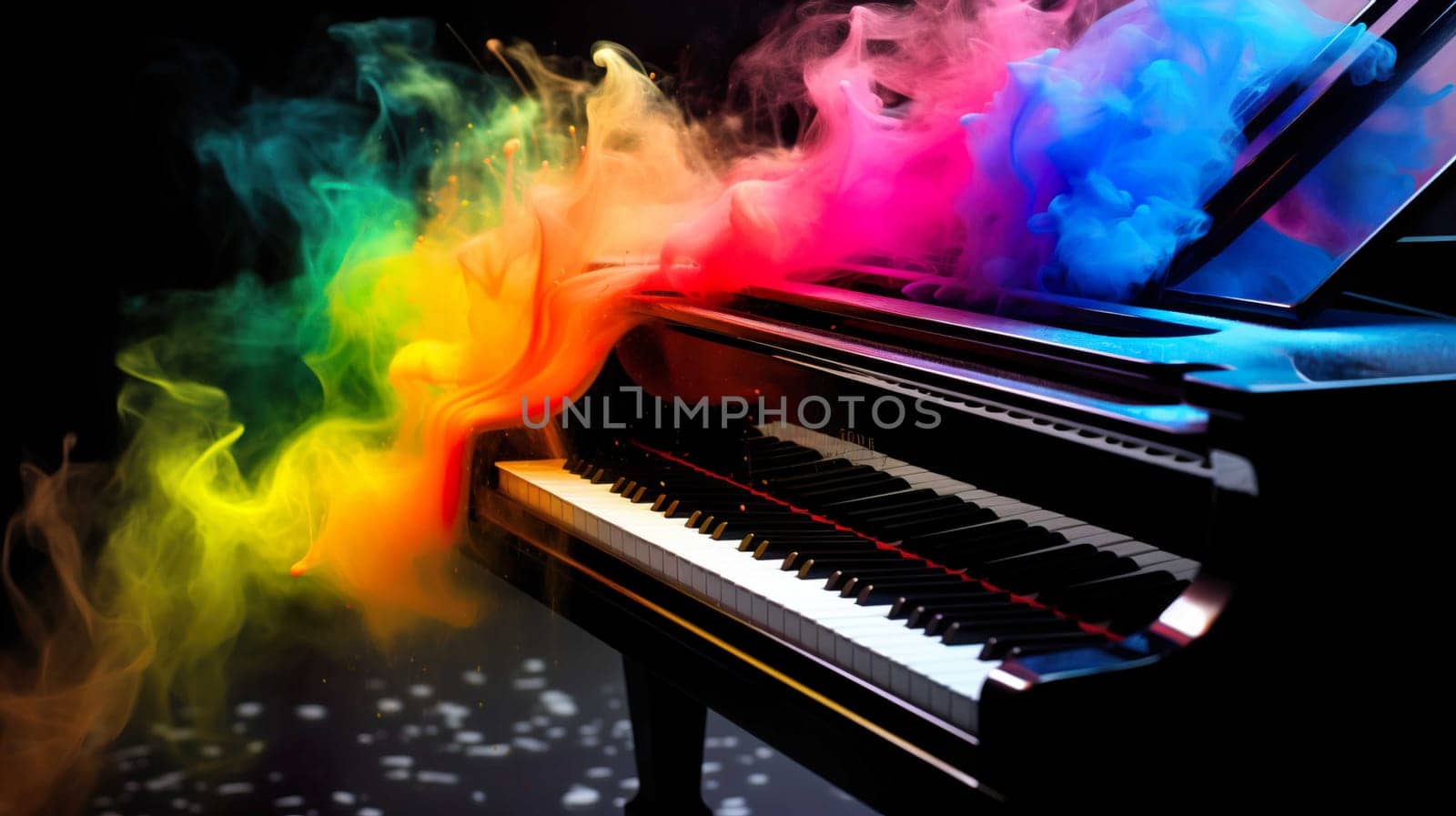 Note piano black and white , glossy color , smoke rainbow background blury , Generate AI by Mrsongrphc