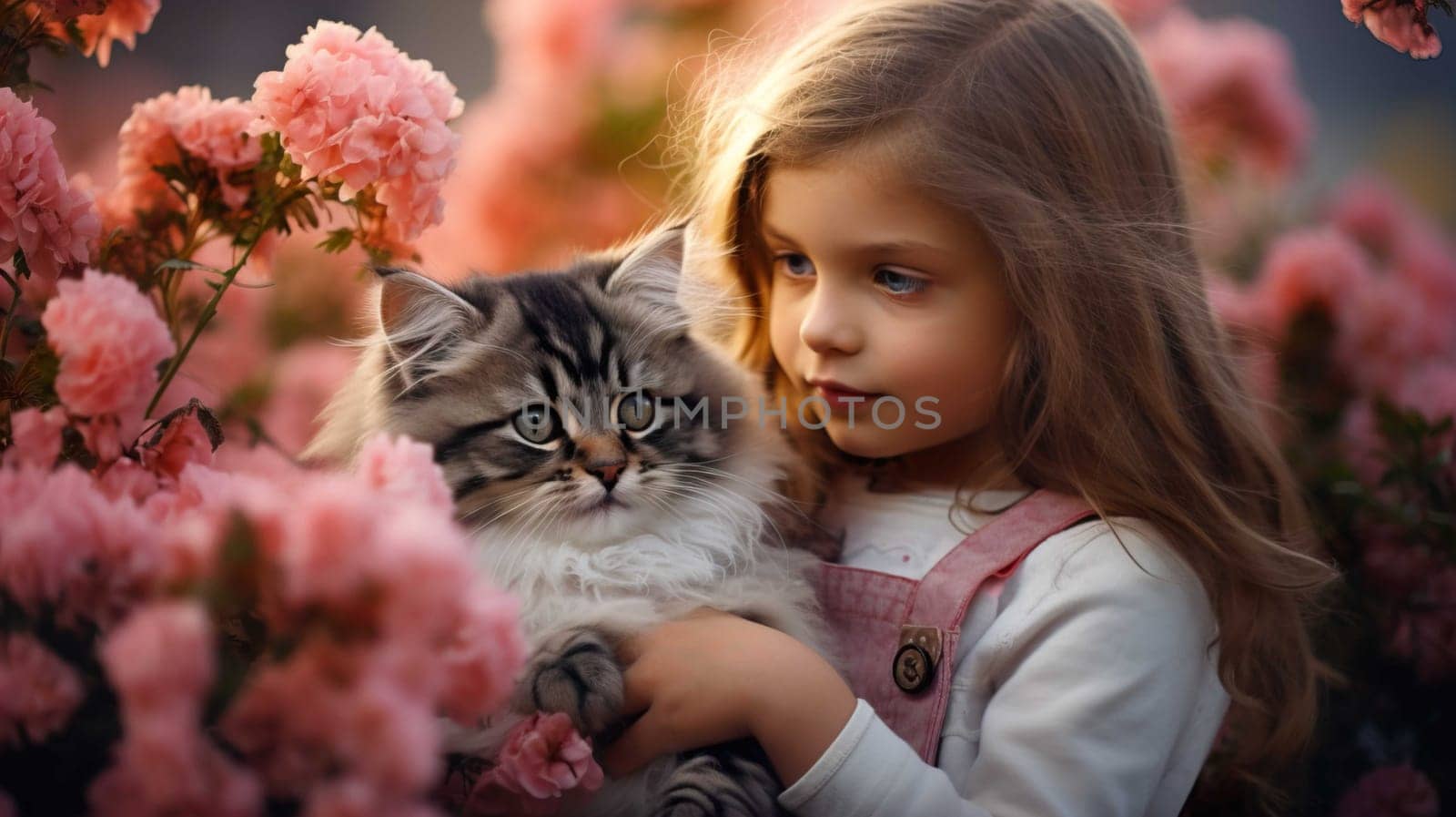   little girl holding a pet cat, in a flower garden. up close  , Generate AI by Mrsongrphc