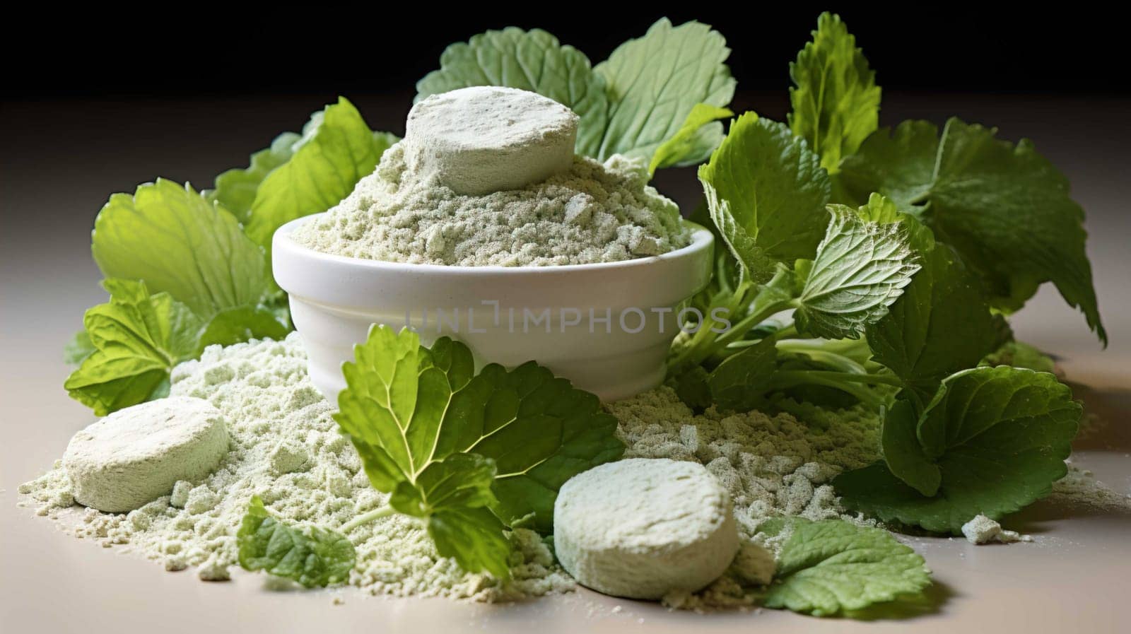  fine powder, centella leaves, white background, herbal, health , Generate AI 