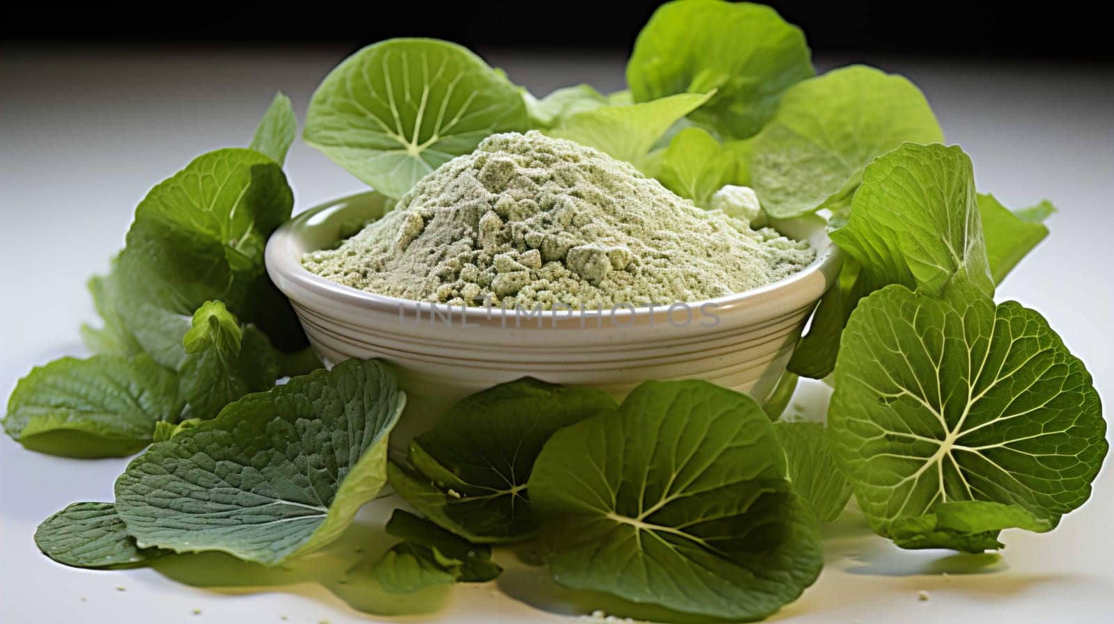  fine powder, centella leaves, white background, herbal, health , Generate AI  by Mrsongrphc