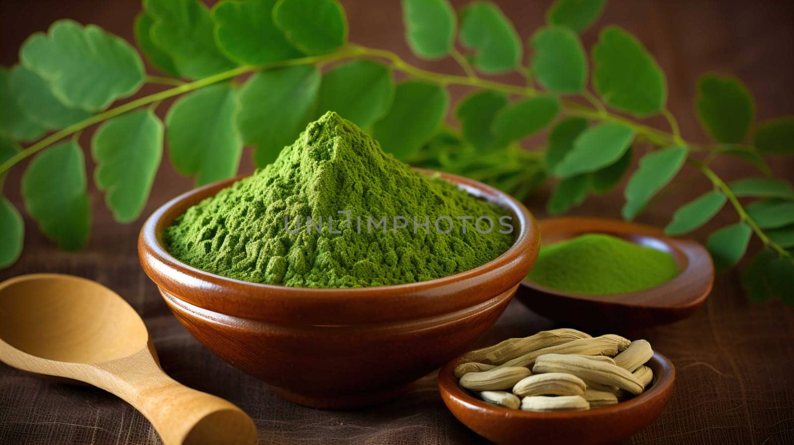  , Moringa oliefera herb leaves, oil and powder Used to treat anemia, rheumatism, cancer, diarrhea, diabetes , Generate AI by Mrsongrphc