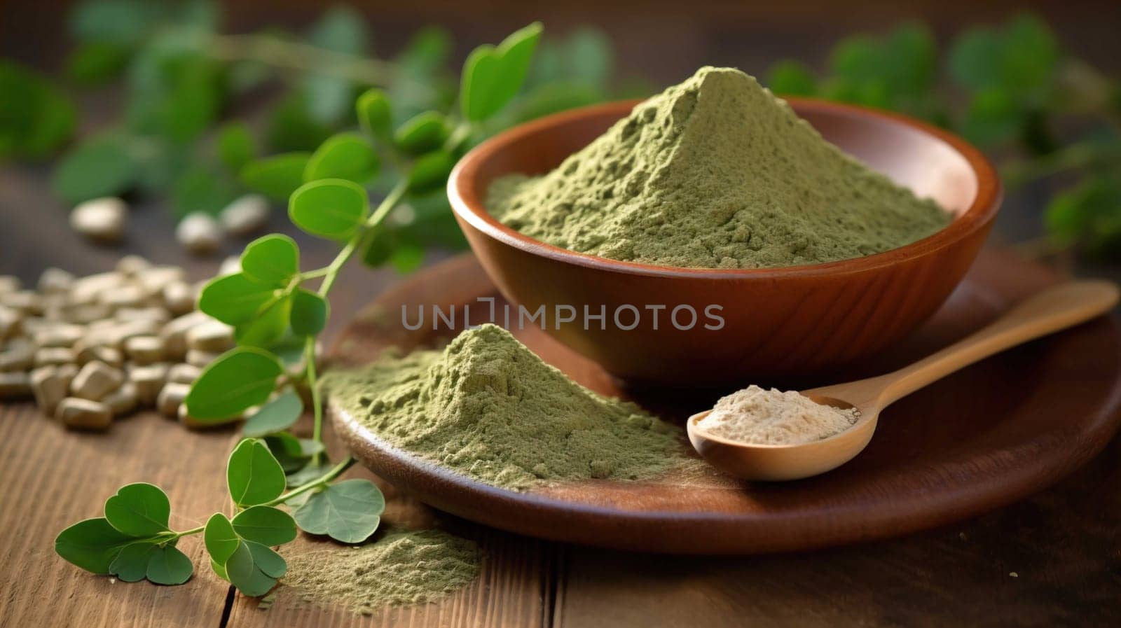  , Moringa oliefera herb leaves, oil and powder Used to treat anemia, rheumatism, cancer, diarrhea, diabetes , Generate AI by Mrsongrphc