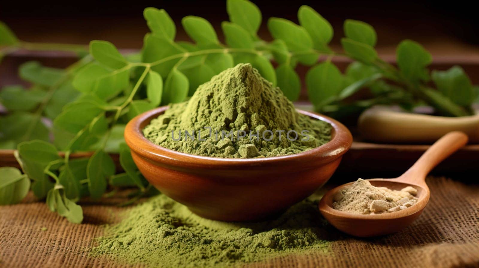  , Moringa oliefera herb leaves, oil and powder Used to treat anemia, rheumatism, cancer, diarrhea, diabetes , Generate AI by Mrsongrphc