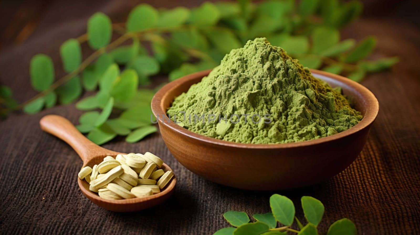  , Moringa oliefera herb leaves, oil and powder Used to treat anemia, rheumatism, cancer, diarrhea, diabetes , Generate AI by Mrsongrphc