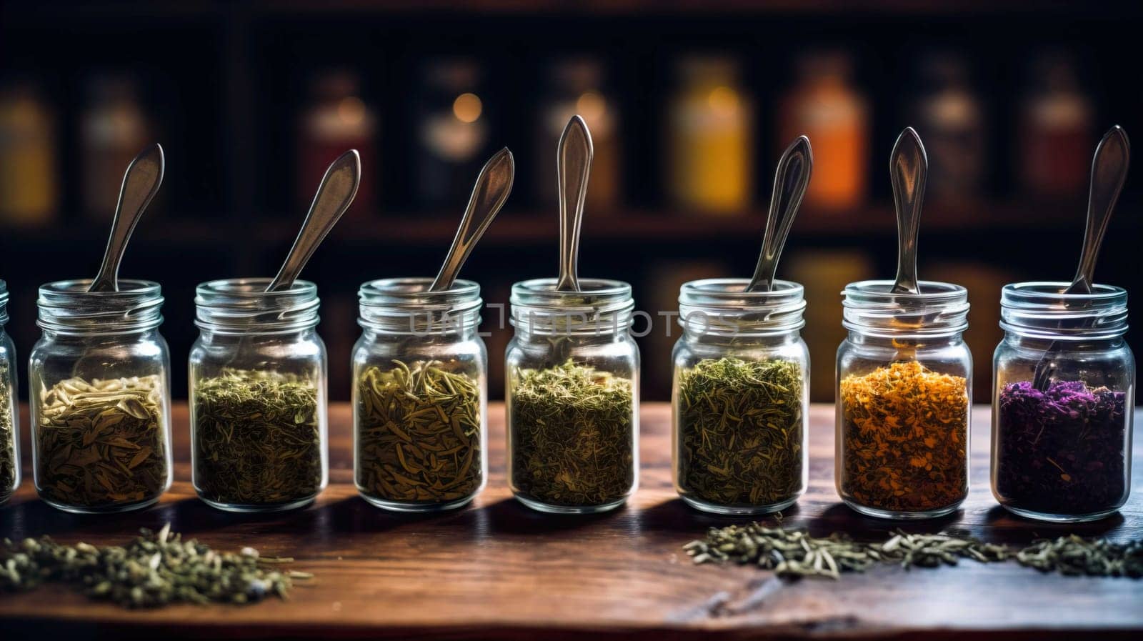   Herbal tea or dried herbs or medicine in jars with spoon , Homeopathic Medicine, Pharmacy, Plant, Alternative Lifestyle, Generate AI