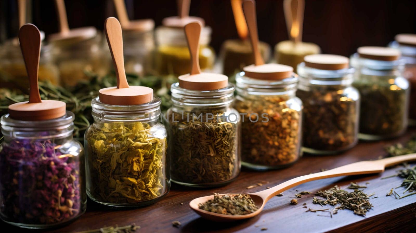   Herbal tea or dried herbs or medicine in jars with spoon , Homeopathic Medicine, Pharmacy, Plant, Alternative Lifestyle, Generate AI