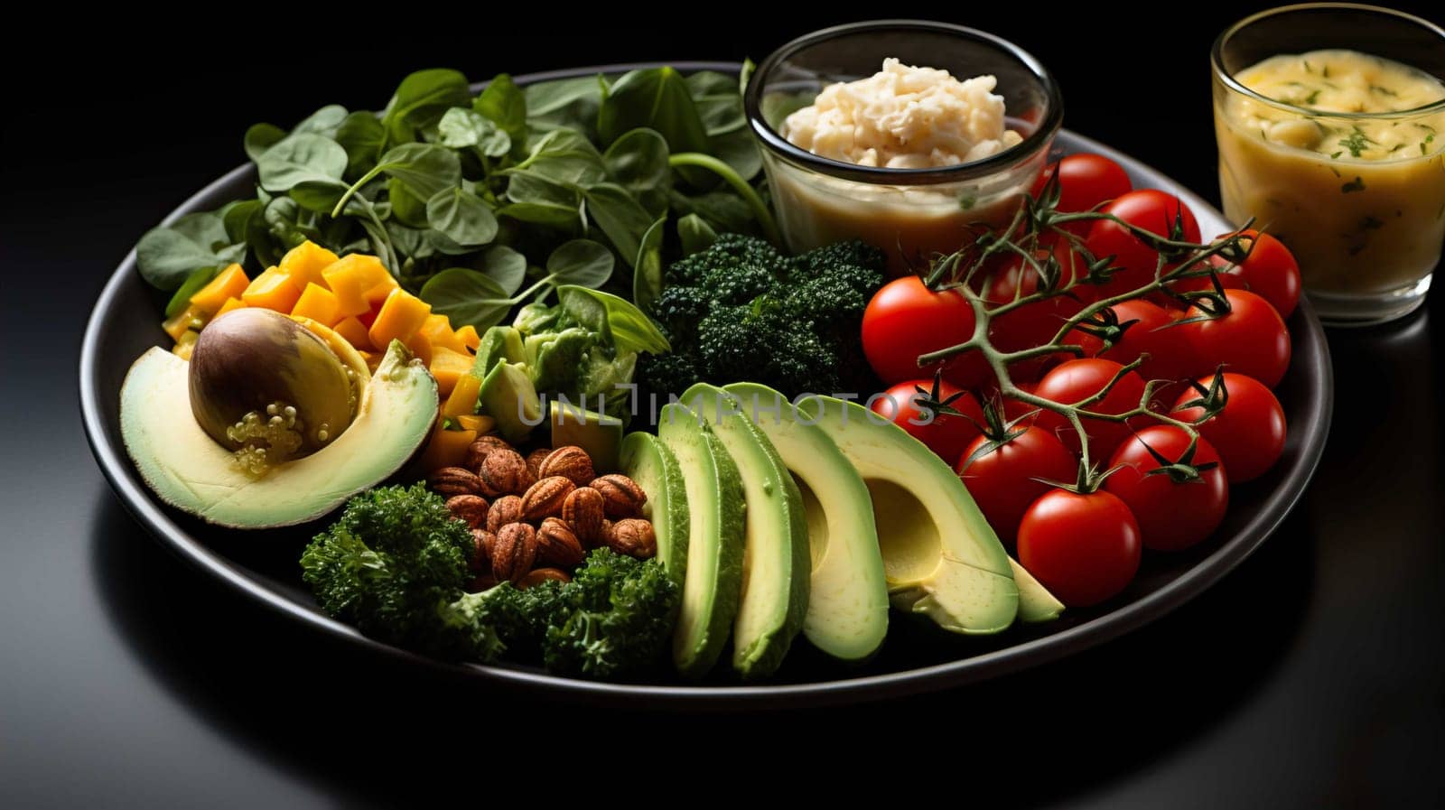 Balanced diet menu, carbohydrates, protein, fiber, Generate AI