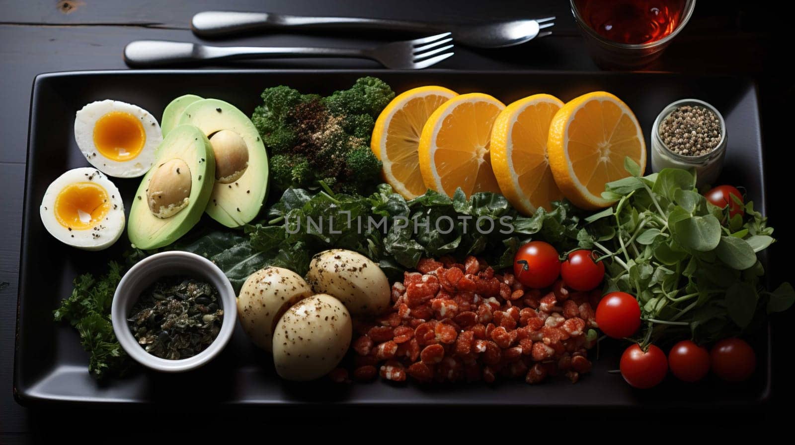 Balanced diet menu, carbohydrates, protein, fiber, Generate AI by Mrsongrphc