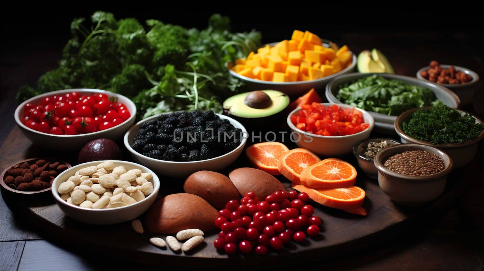 Balanced diet menu, carbohydrates, protein, fiber, Generate AI by Mrsongrphc